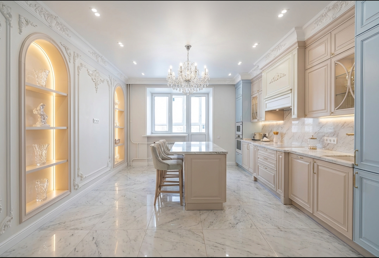 Дизайн кухни в стиле Классика — фото интерьера от нейросети RoomGPT