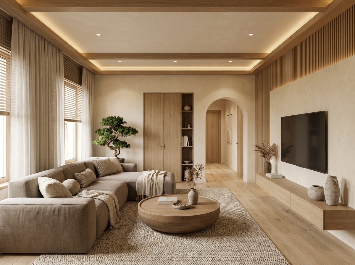 Дизайн гостиной в стиле Japandi — фото интерьера от нейросети RoomGPT