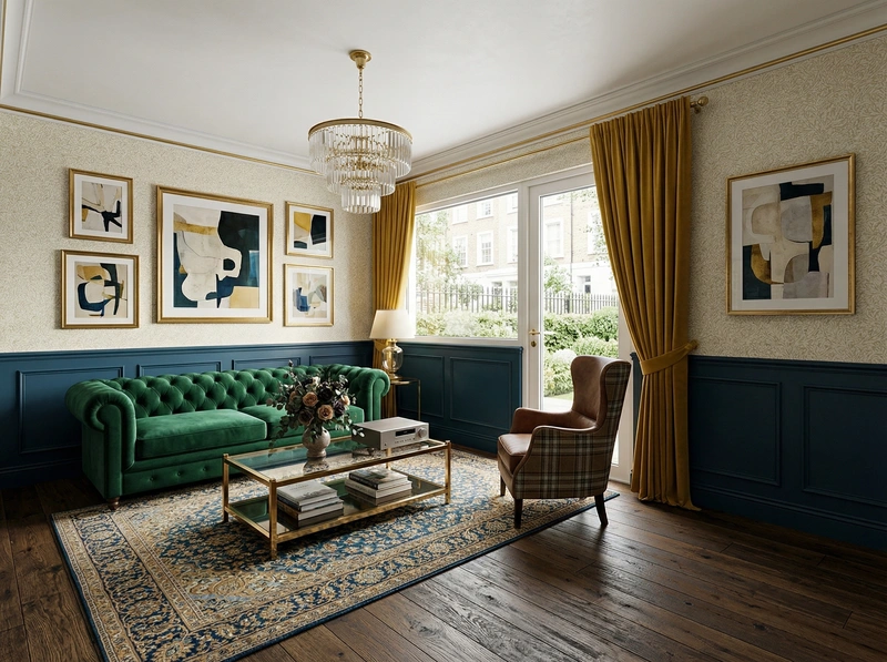 Дизайн гостиной в стиле Британский — фото интерьера от нейросети RoomGPT