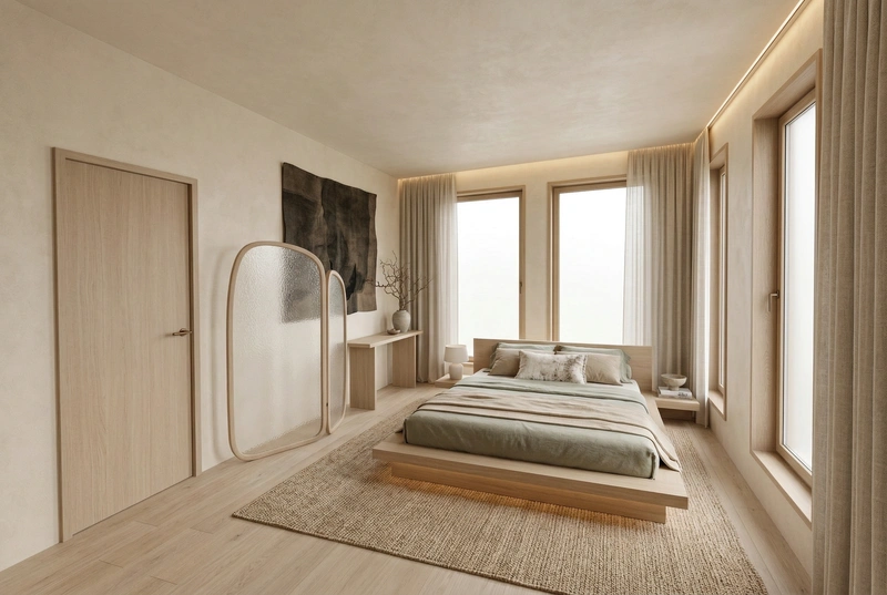 Дизайн спальни в стиле Japandi — фото интерьера от нейросети RoomGPT