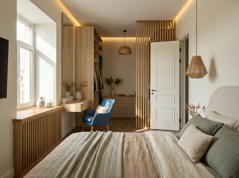 Дизайн спальни в стиле Japandi — фото интерьера от нейросети RoomGPT