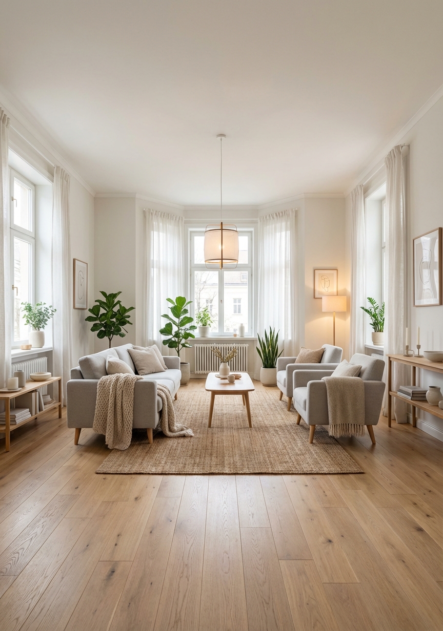 Дизайн гостиной в стиле Хюгге — фото интерьера от нейросети RoomGPT