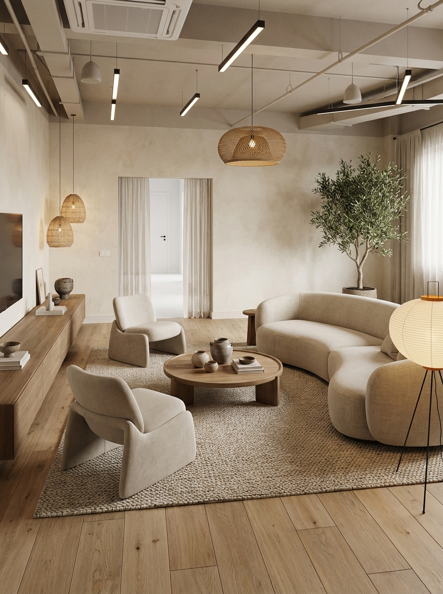 Дизайн гостиной в стиле Japandi — фото интерьера от нейросети RoomGPT