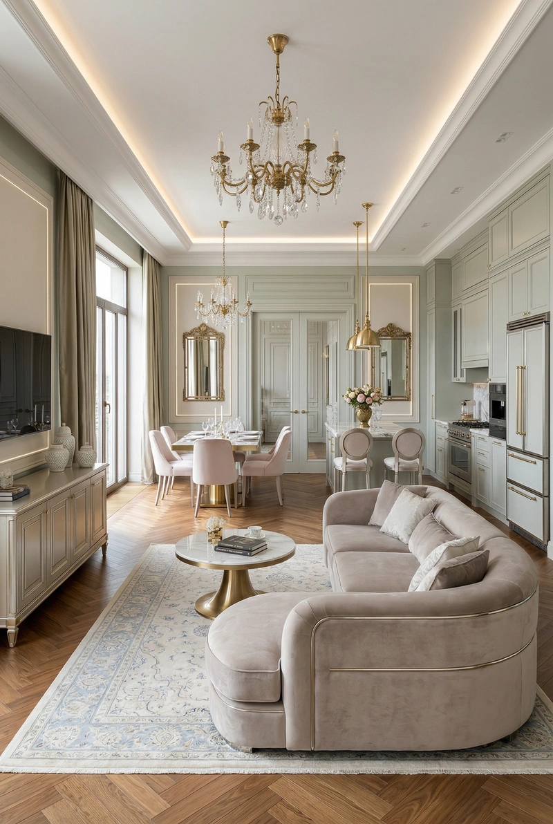Дизайн гостиной в стиле Неоклассика — фото интерьера от нейросети RoomGPT