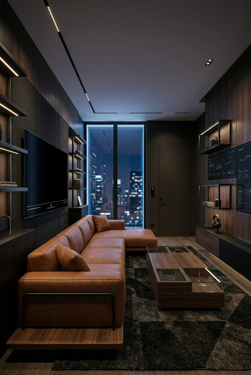 Дизайн гостиной в стиле Блэктэк — фото интерьера от нейросети RoomGPT