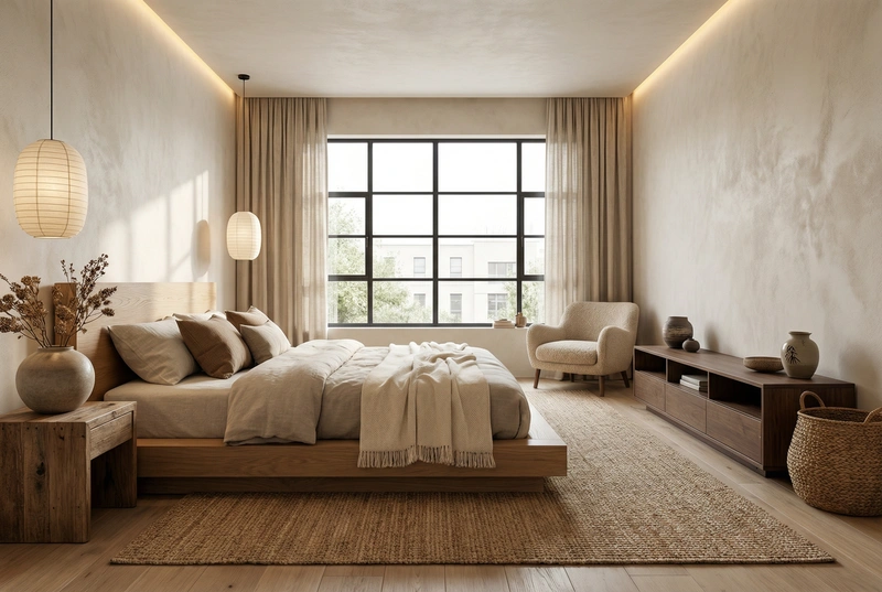 Дизайн спальни в стиле Japandi — фото интерьера от нейросети RoomGPT