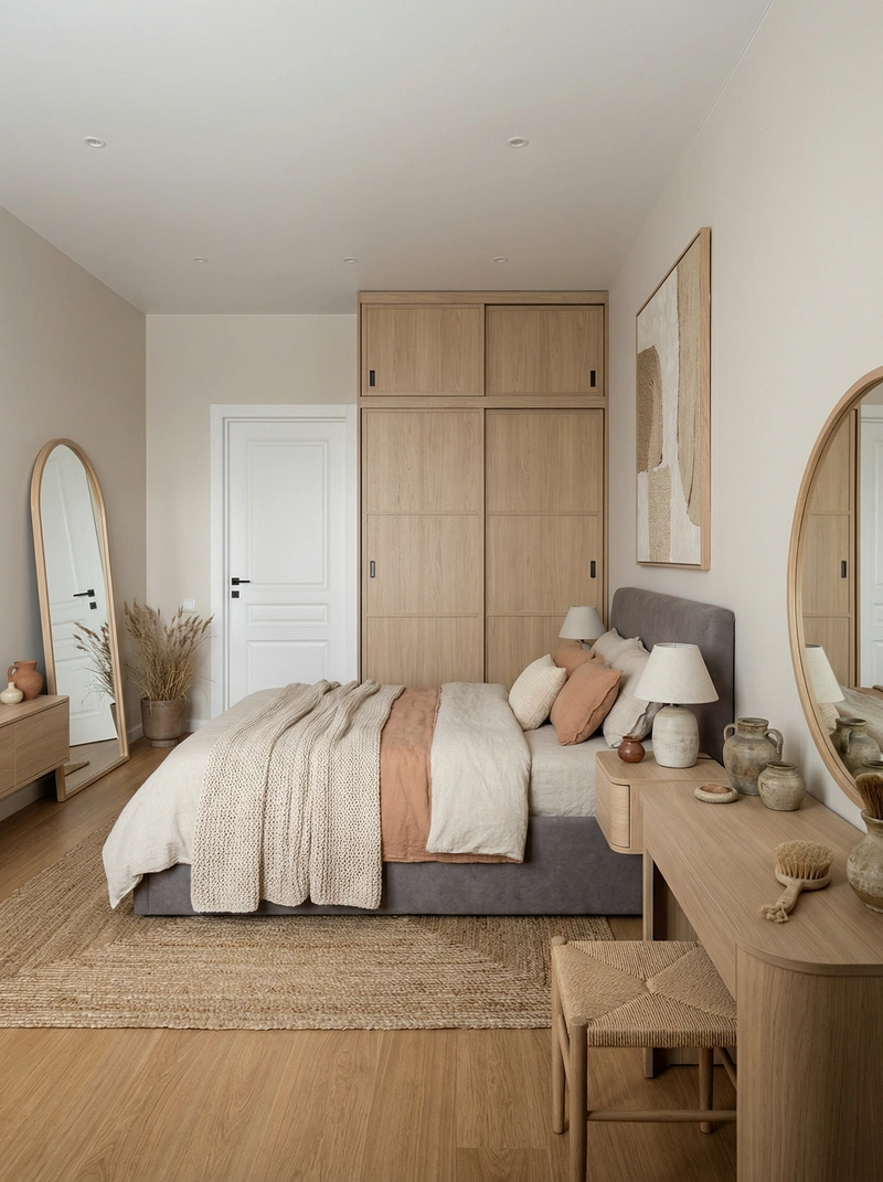 Дизайн спальни в стиле Japandi — фото интерьера от нейросети RoomGPT