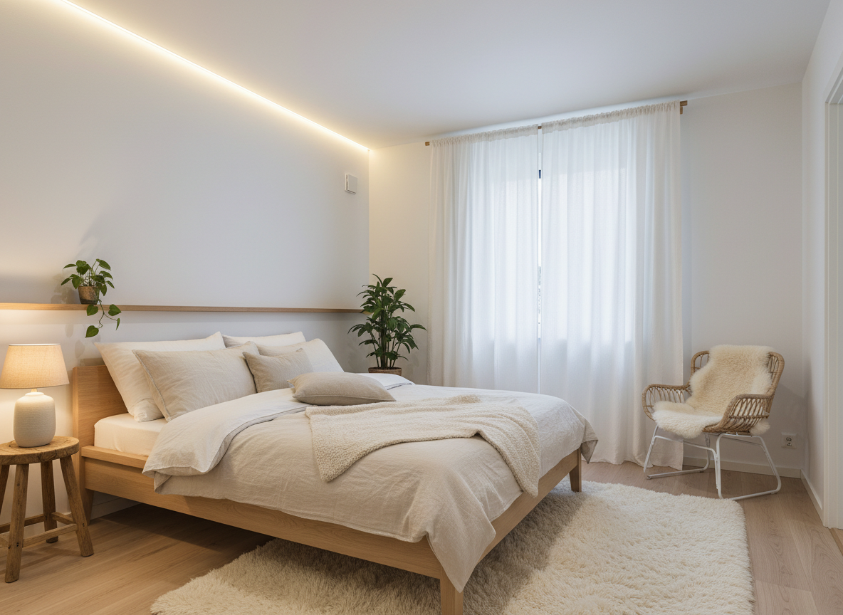 Дизайн спальни в стиле Хюгге — фото интерьера от нейросети RoomGPT