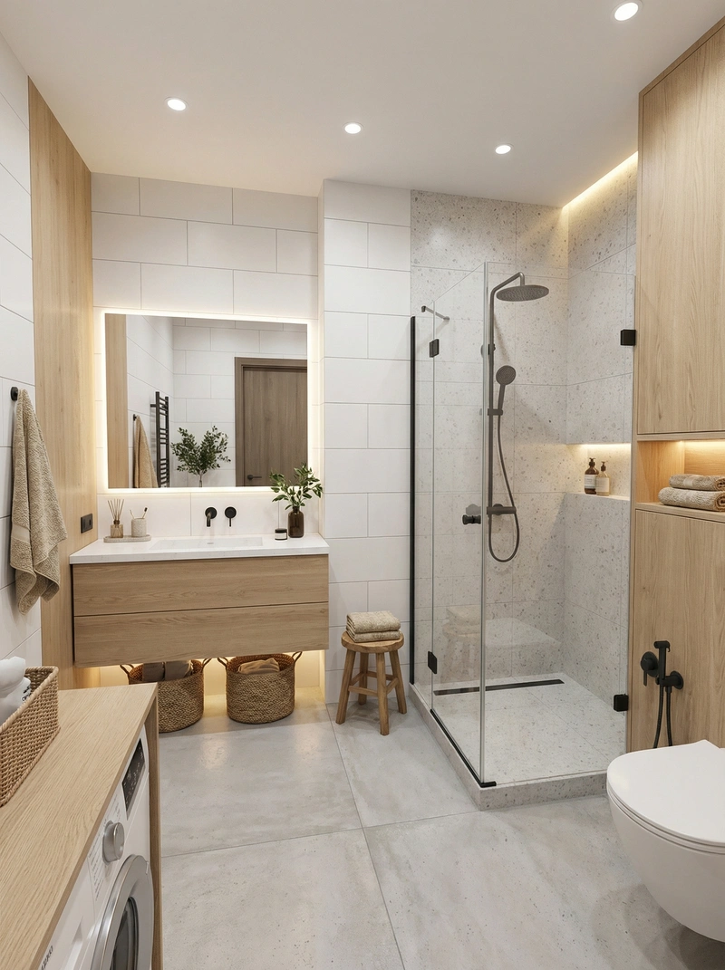 Дизайн ванной в стиле Сканди — фото интерьера от нейросети RoomGPT