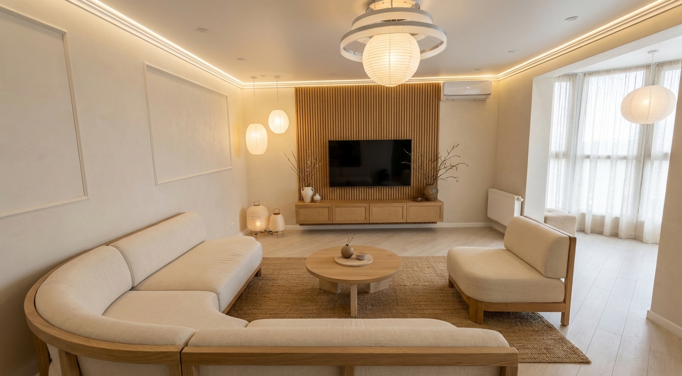 Дизайн гостиной в стиле Japandi — фото интерьера от нейросети RoomGPT