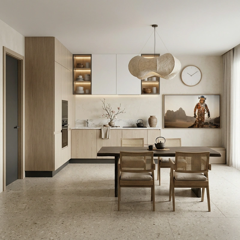 Дизайн кухни в стиле Japandi — фото интерьера от нейросети RoomGPT