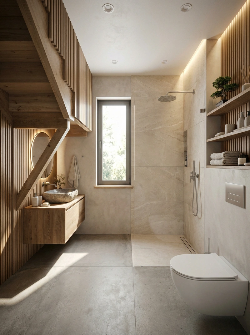 Дизайн ванной в стиле Japandi — фото интерьера от нейросети RoomGPT