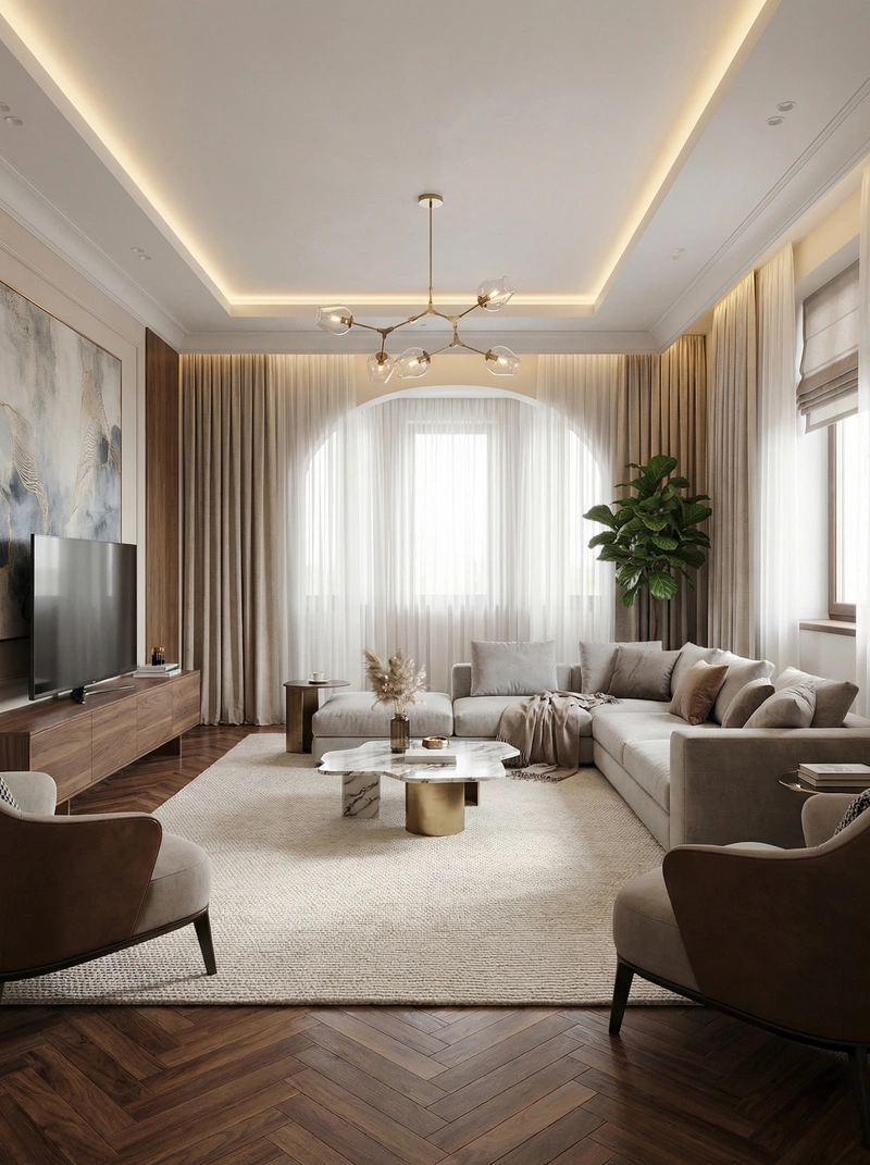 Дизайн интерьера в стиле Контемпорари — Гостиная от нейросети RoomGPT