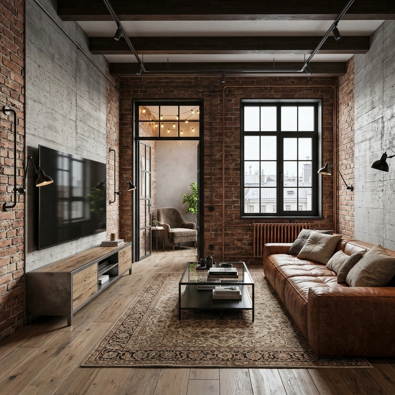 Дизайн гостиной в стиле Лофт — фото интерьера от нейросети RoomGPT
