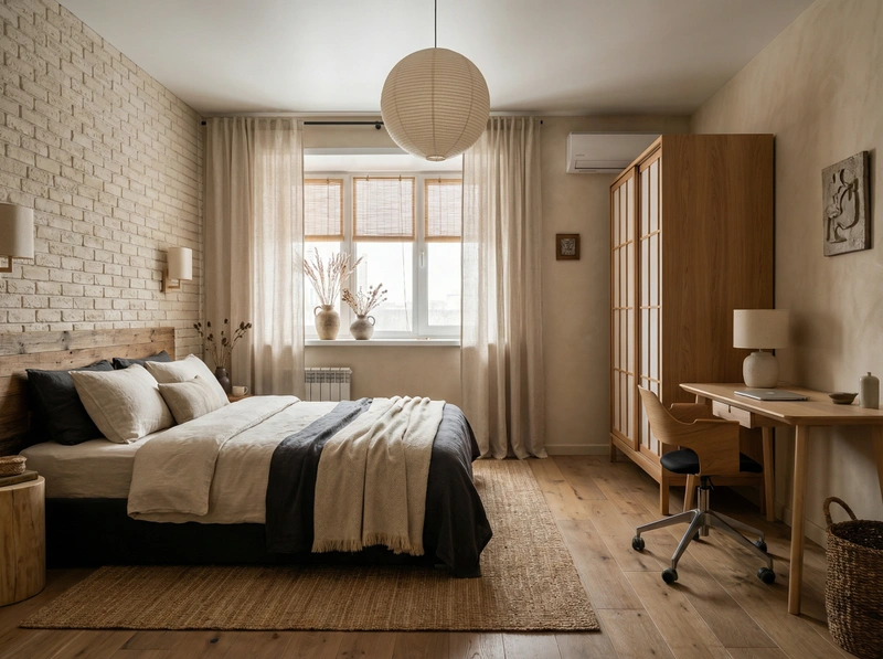 Дизайн спальни в стиле Japandi — фото интерьера от нейросети RoomGPT