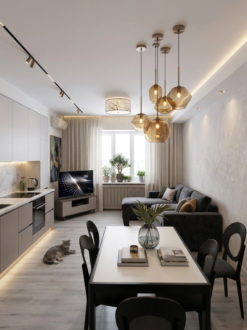 Дизайн интерьера в стиле Контемпорари — Гостиная от нейросети RoomGPT