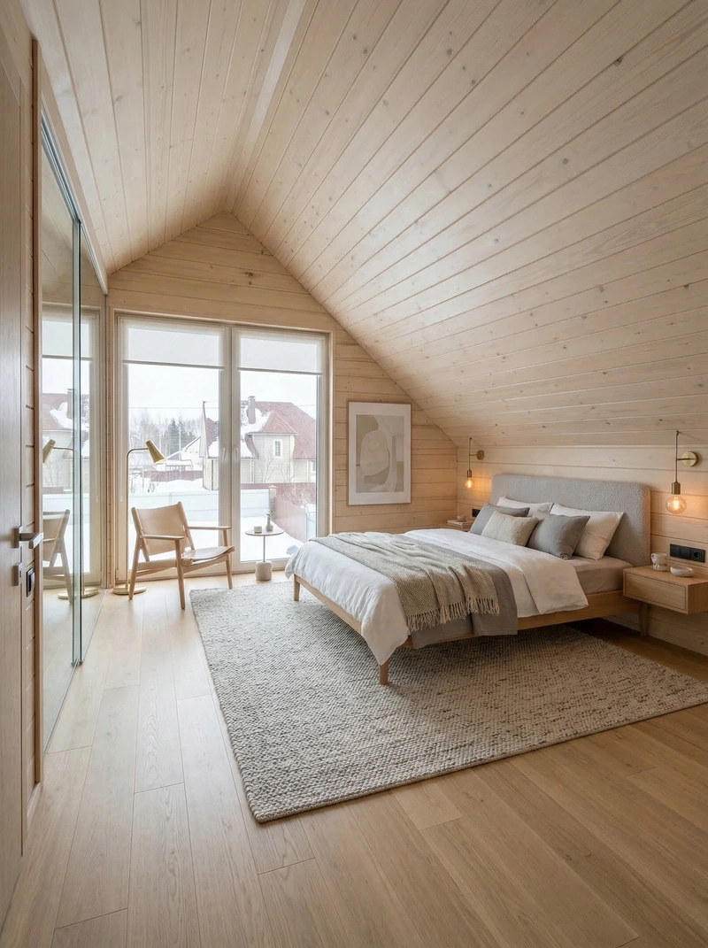 Дизайн спальни в стиле Сканди — фото интерьера от нейросети RoomGPT