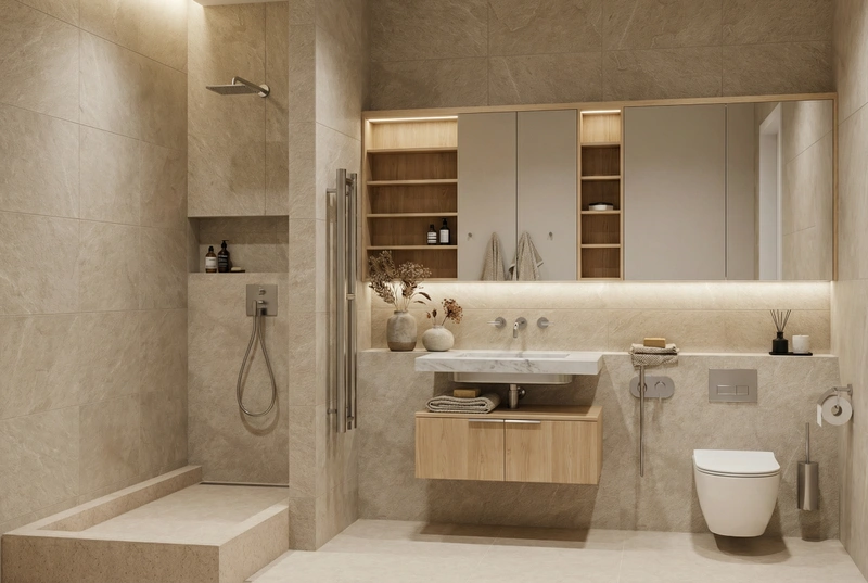 Дизайн ванной в стиле Japandi — фото интерьера от нейросети RoomGPT