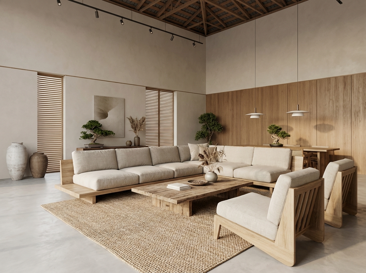 Дизайн гостиной в стиле Japandi — фото интерьера от нейросети RoomGPT