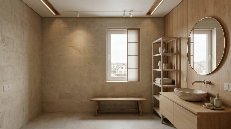 Дизайн ванной в стиле Japandi — фото интерьера от нейросети RoomGPT