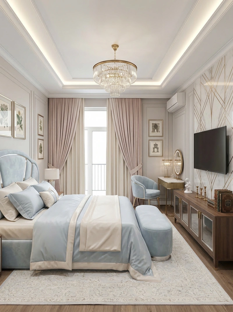 Дизайн спальни в стиле Неоклассика — фото интерьера от нейросети RoomGPT