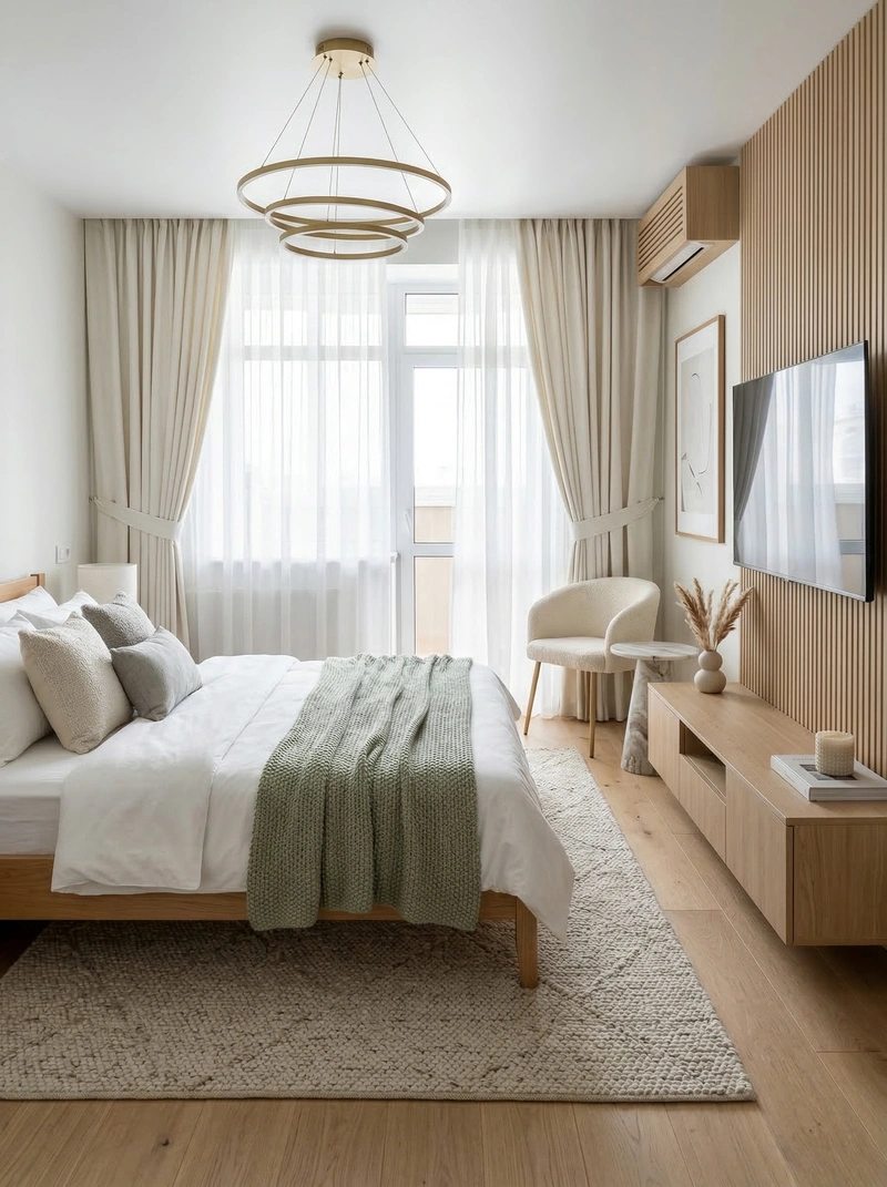 Дизайн спальни в стиле Сканди — фото интерьера от нейросети RoomGPT