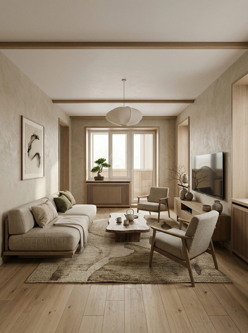 Дизайн гостиной в стиле Japandi — фото интерьера от нейросети RoomGPT