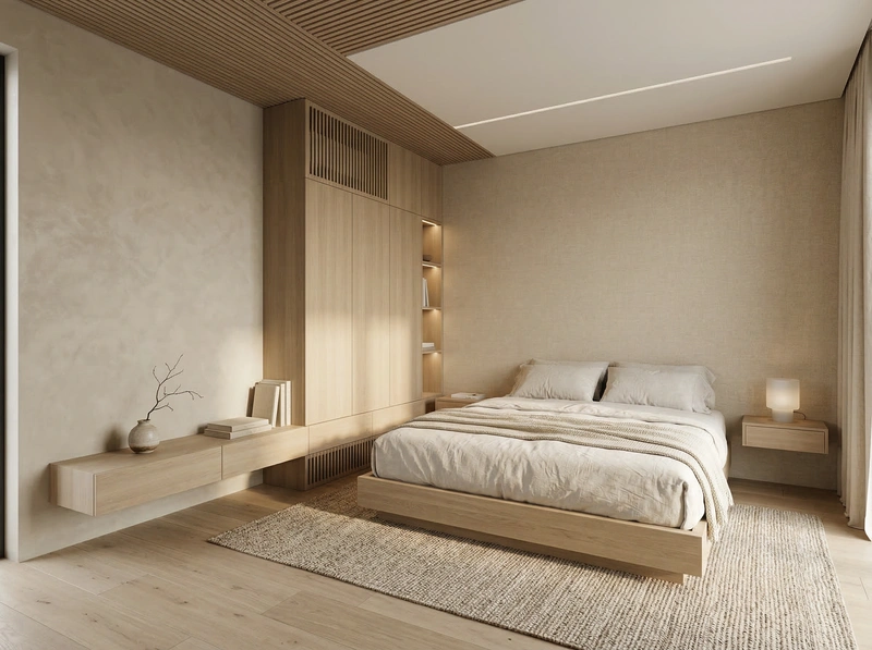 Дизайн спальни в стиле Japandi — фото интерьера от нейросети RoomGPT