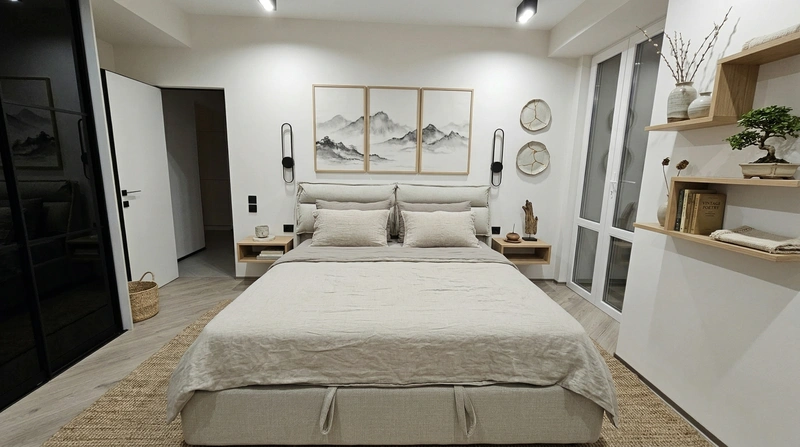 Дизайн спальни в стиле Japandi — фото интерьера от нейросети RoomGPT