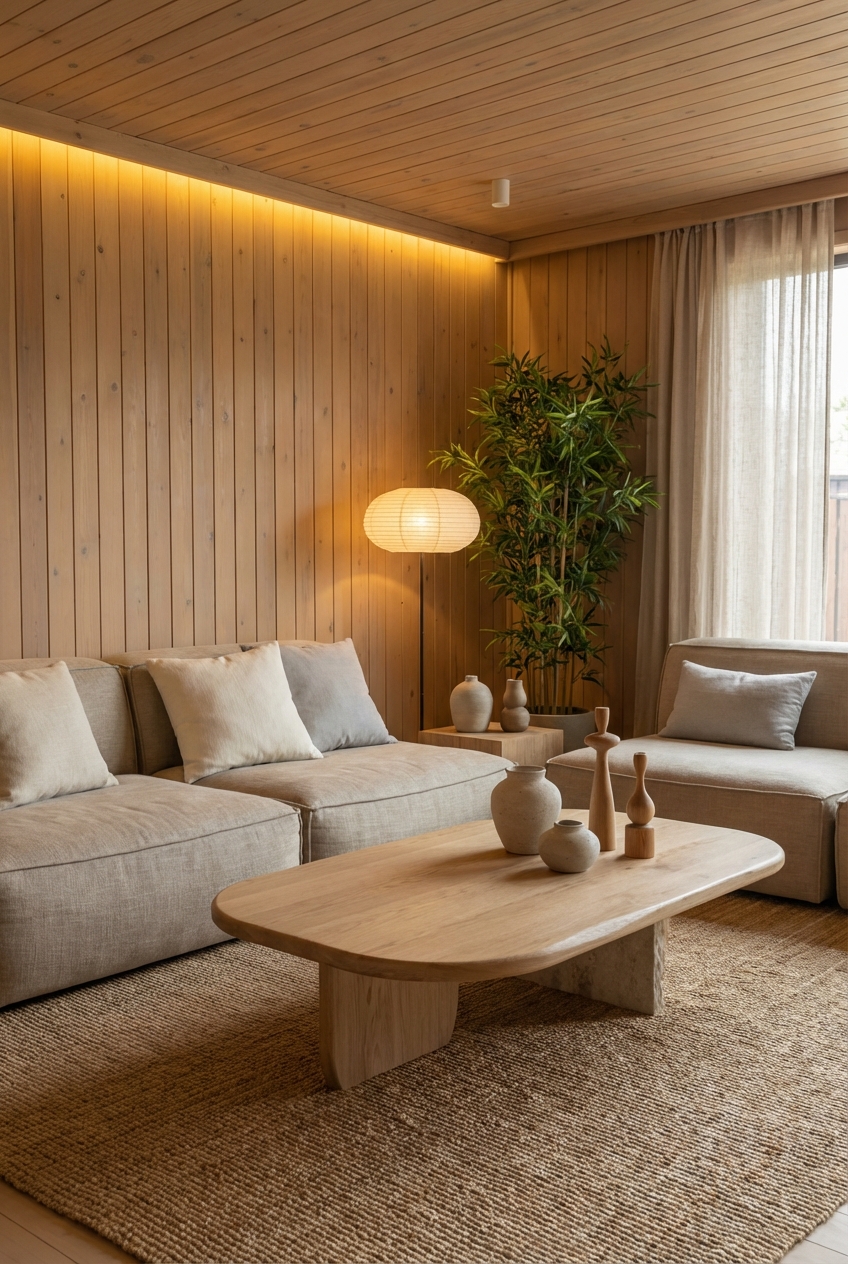 Дизайн гостиной в стиле Japandi — фото интерьера от нейросети RoomGPT