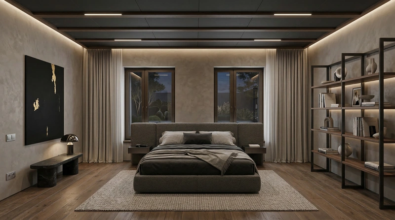 Дизайн спальни в стиле Контемпорари — фото интерьера от нейросети RoomGPT