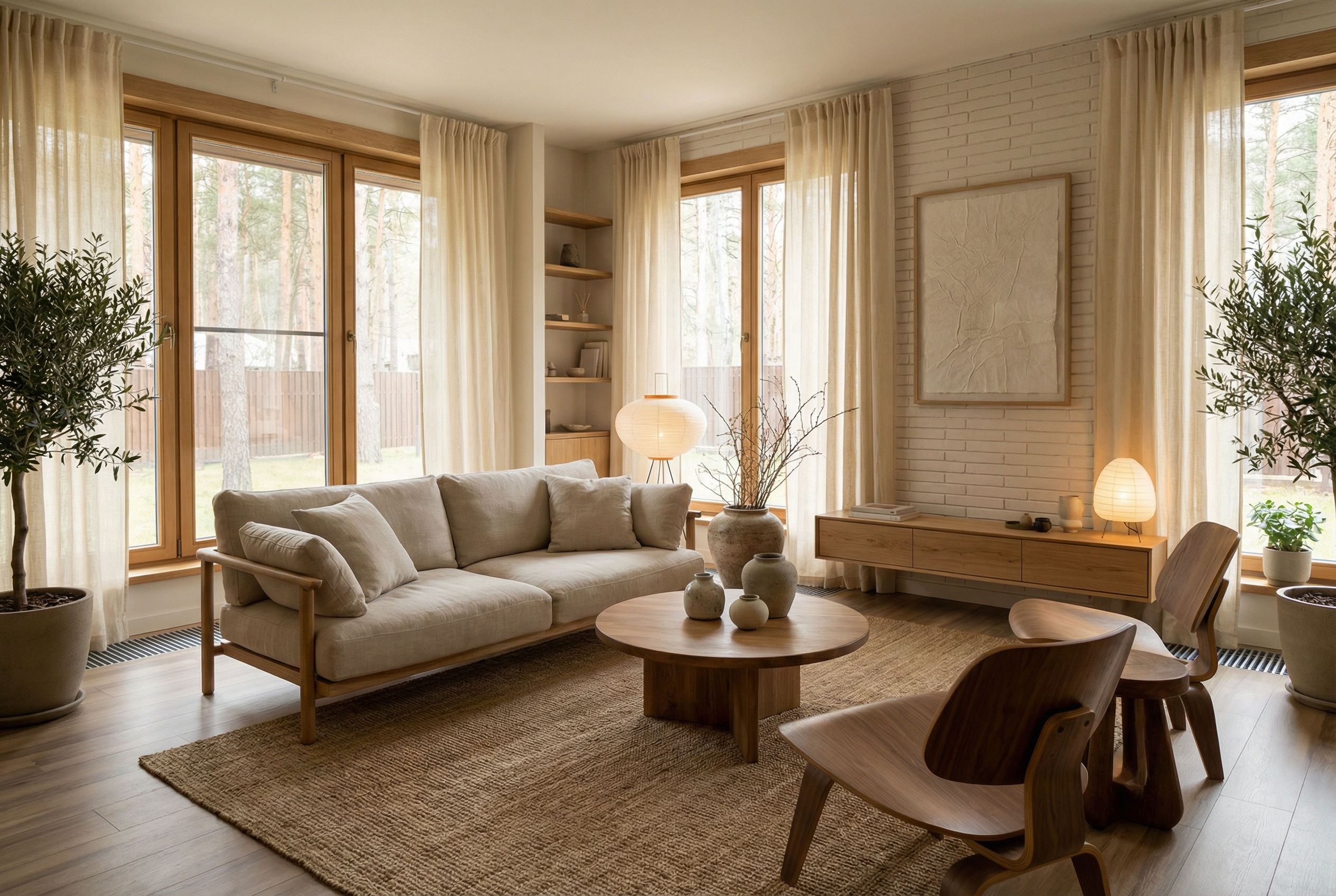 Дизайн гостиной в стиле Japandi — фото интерьера от нейросети RoomGPT