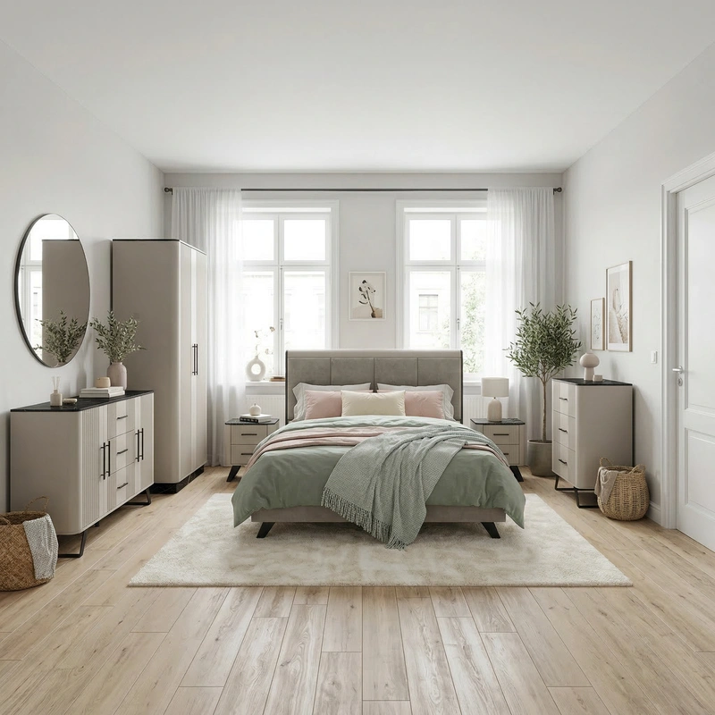 Дизайн спальни в стиле Сканди — фото интерьера от нейросети RoomGPT