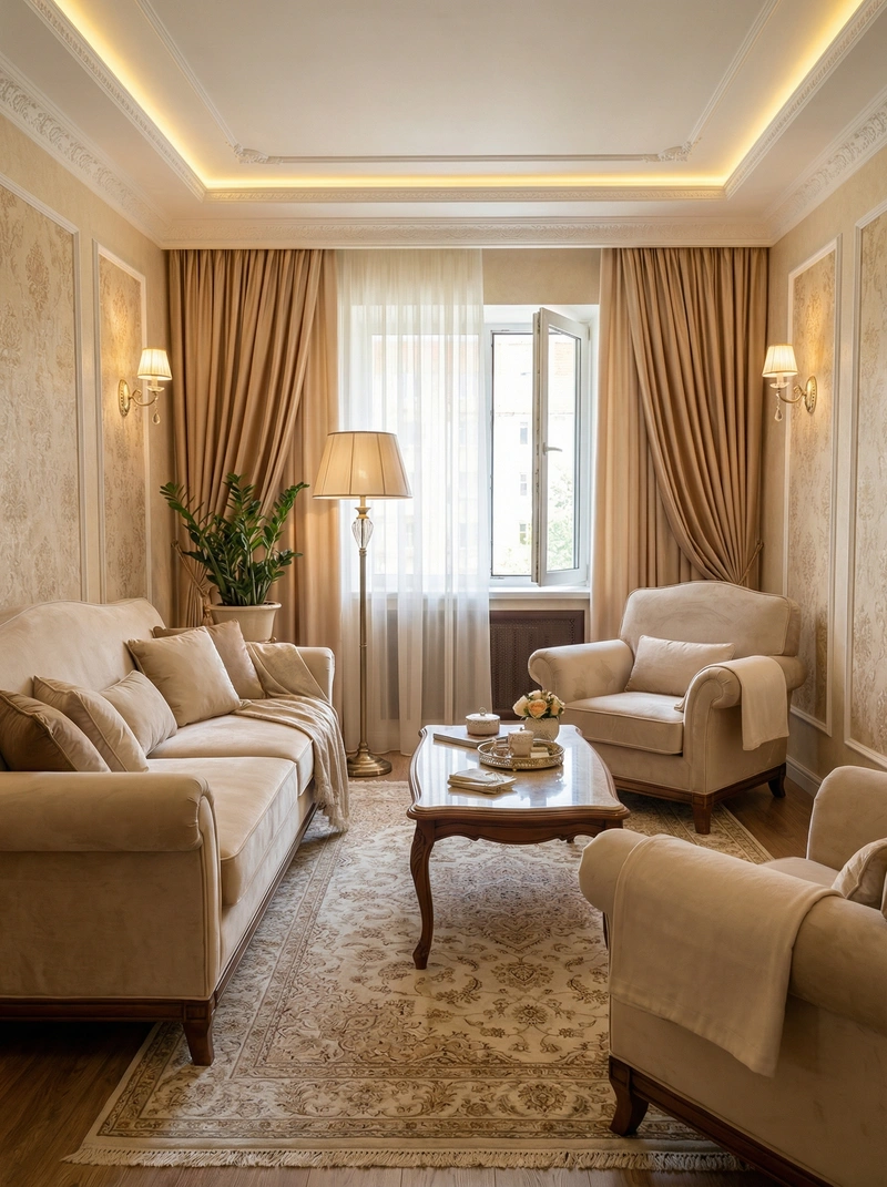 Дизайн интерьера в стиле Классика — Гостиная от нейросети RoomGPT