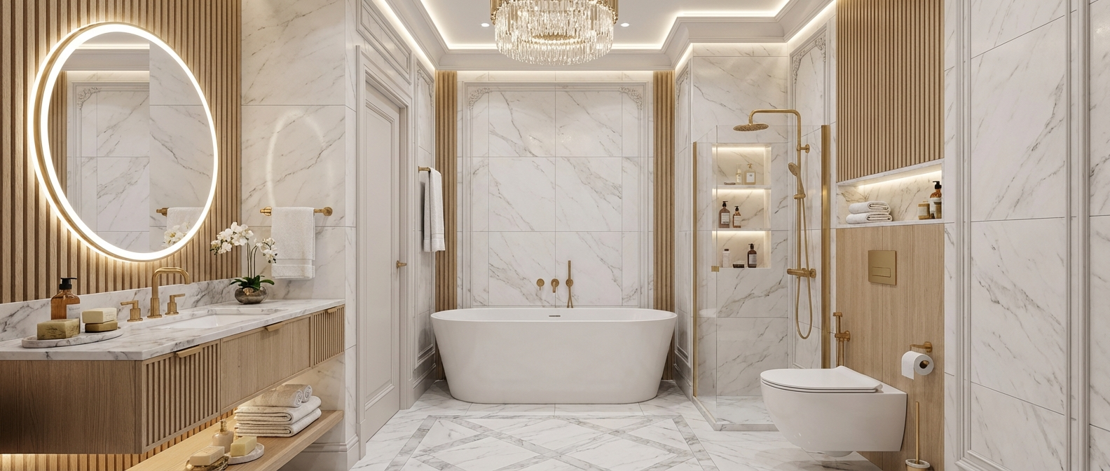 Дизайн ванной в стиле Неоклассика — фото интерьера от нейросети RoomGPT