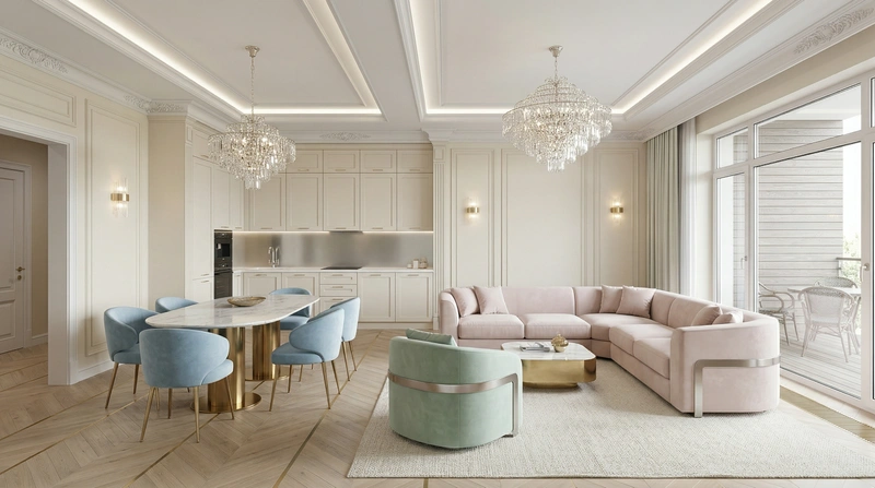 Дизайн гостиной в стиле Неоклассика — фото интерьера от нейросети RoomGPT