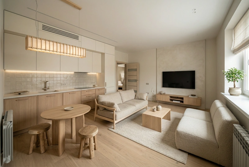 Дизайн гостиной в стиле Japandi — фото интерьера от нейросети RoomGPT