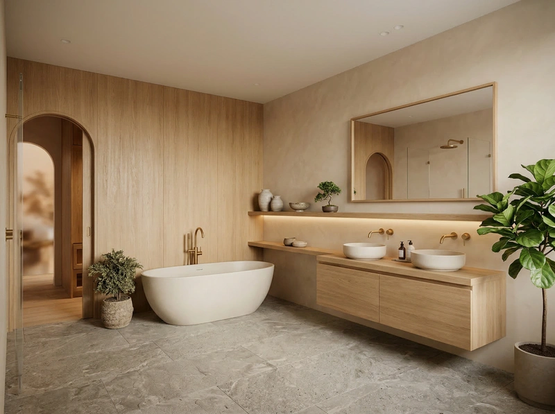 Дизайн ванной в стиле Japandi — фото интерьера от нейросети RoomGPT