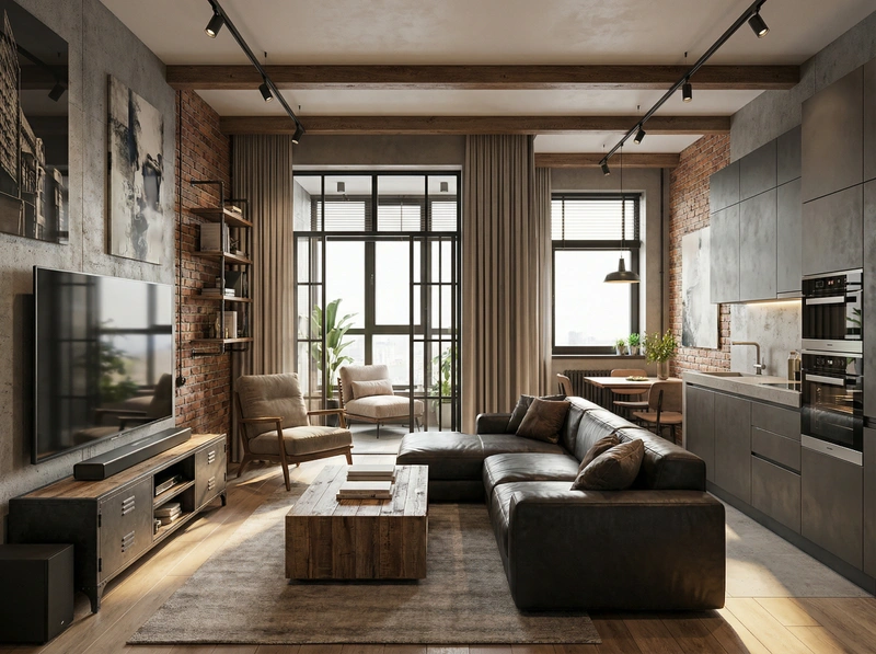 Дизайн интерьера в стиле Лофт — Гостиная от нейросети RoomGPT