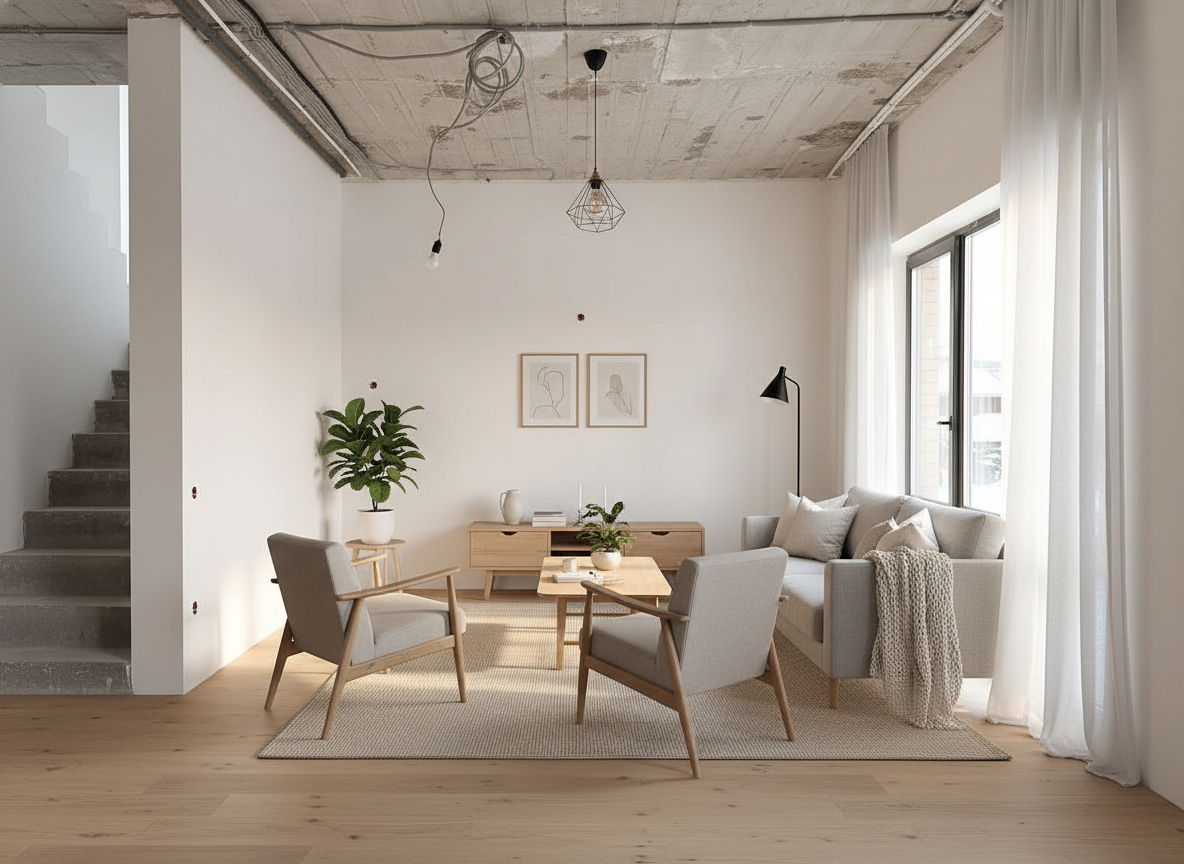 Дизайн гостиной в стиле Хюгге — фото интерьера от нейросети RoomGPT