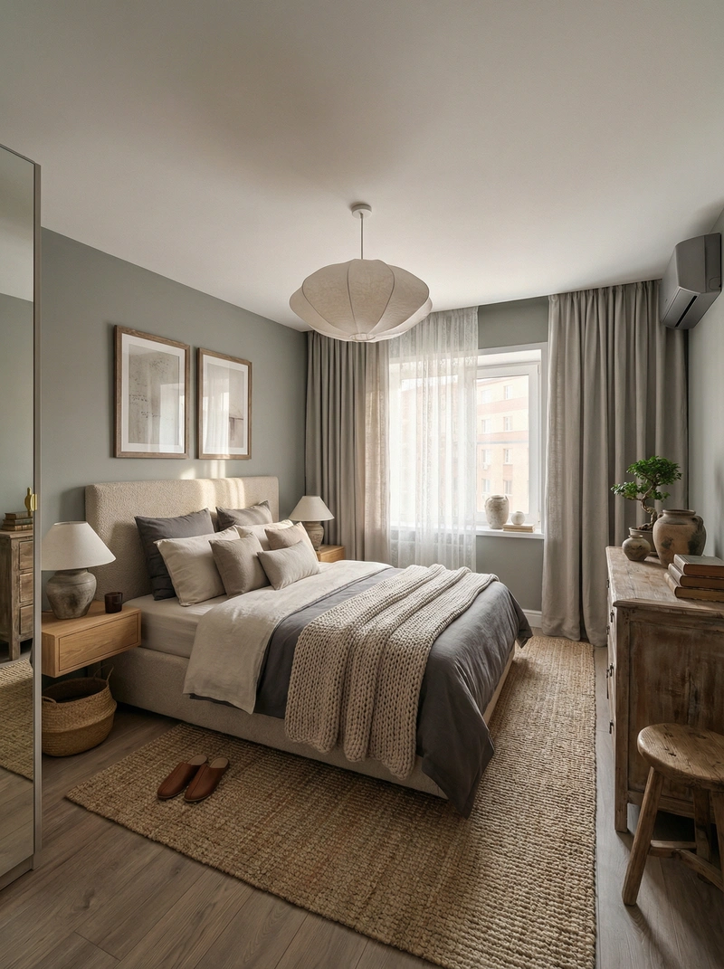 Дизайн спальни в стиле Japandi — фото интерьера от нейросети RoomGPT