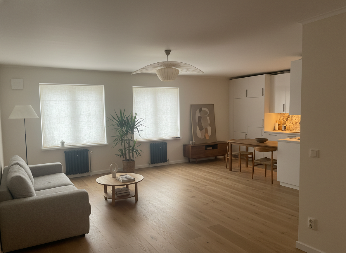 Дизайн гостиной в стиле Japandi — фото интерьера от нейросети RoomGPT