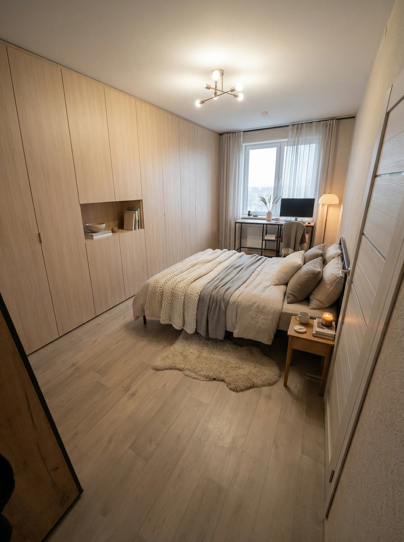 Дизайн спальни в стиле Хюгге — фото интерьера от нейросети RoomGPT