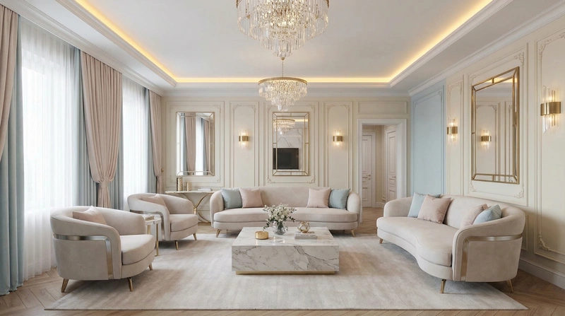 Дизайн интерьера в стиле Неоклассика — Гостиная от нейросети RoomGPT