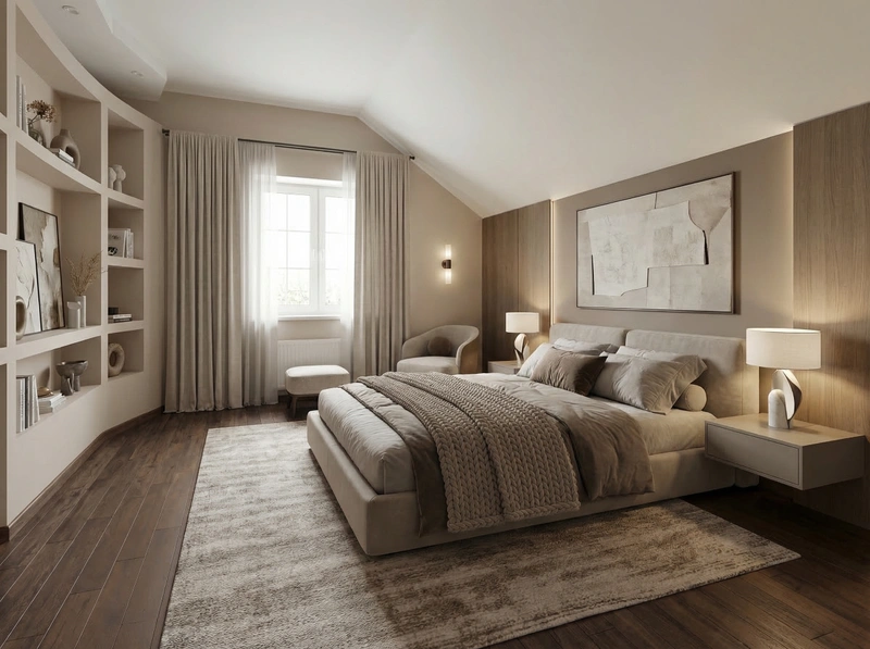 Дизайн спальни в стиле Контемпорари — фото интерьера от нейросети RoomGPT