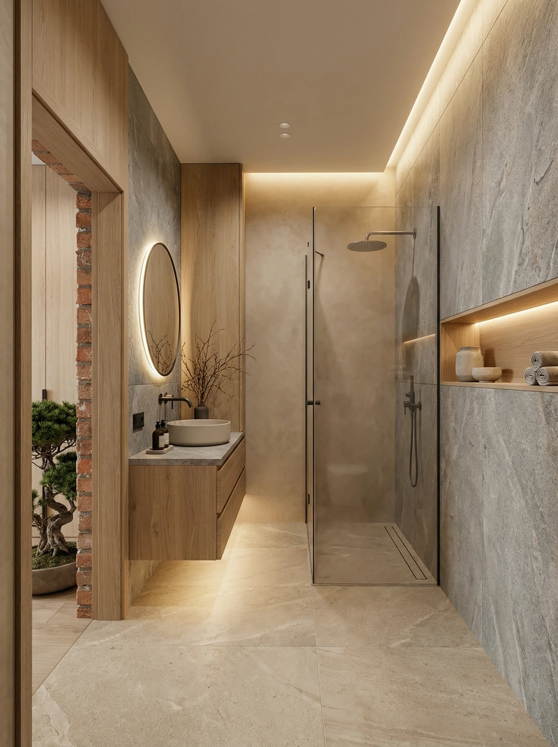 Дизайн ванной в стиле Japandi — фото интерьера от нейросети RoomGPT