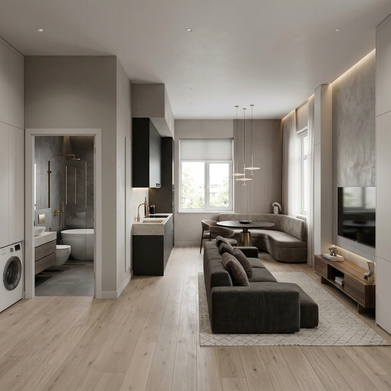 Дизайн интерьера в стиле Контемпорари — Гостиная от нейросети RoomGPT