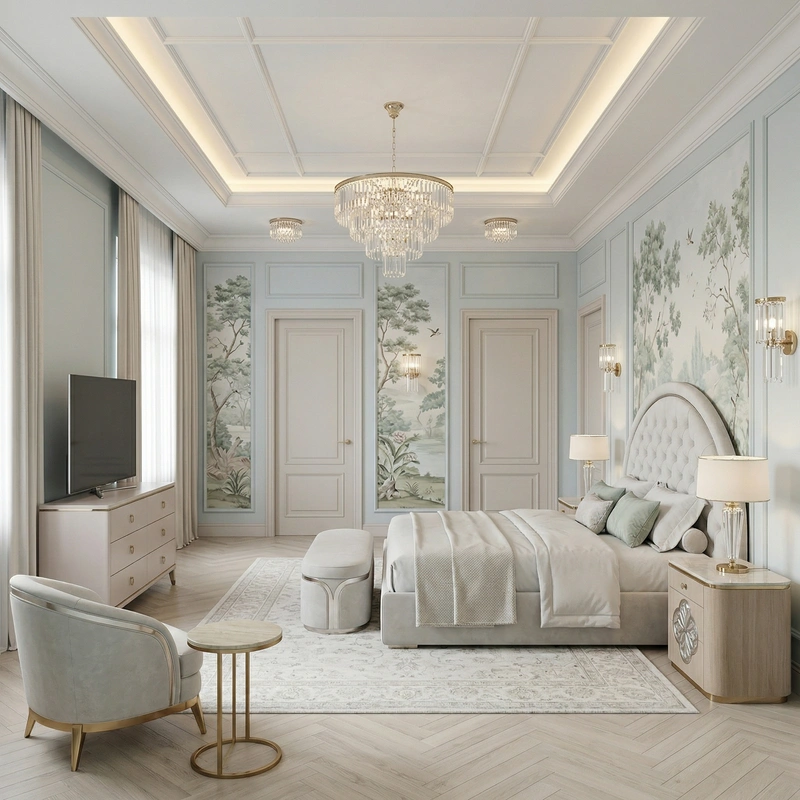 Дизайн спальни в стиле Неоклассика — фото интерьера от нейросети RoomGPT