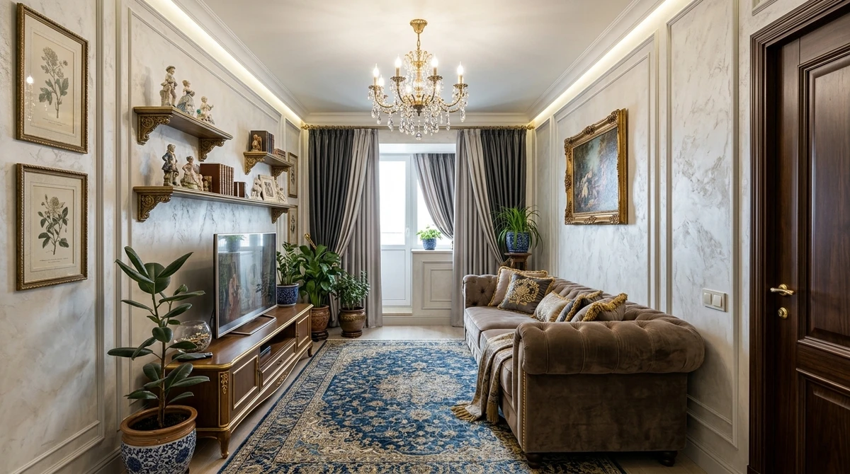 Дизайн гостиной в стиле Классика — фото интерьера от нейросети RoomGPT