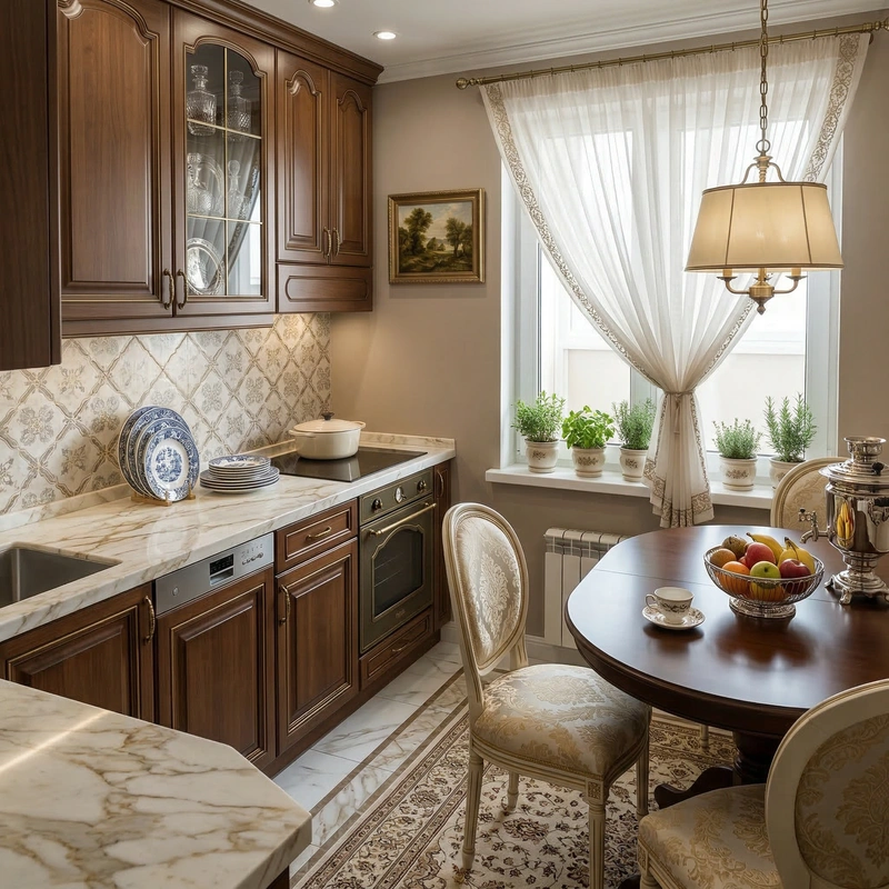 Дизайн кухни в стиле Классика — фото интерьера от нейросети RoomGPT